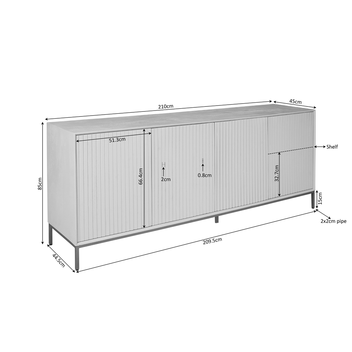 Dressoir Madison naturel mangohout, maatvoering met afmetingen