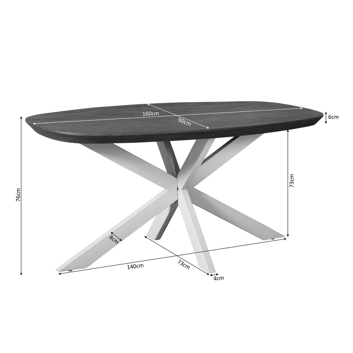 Eettafel Madison Naturel | Deens Ovaal | Onderstel Zwart — Maatvoering