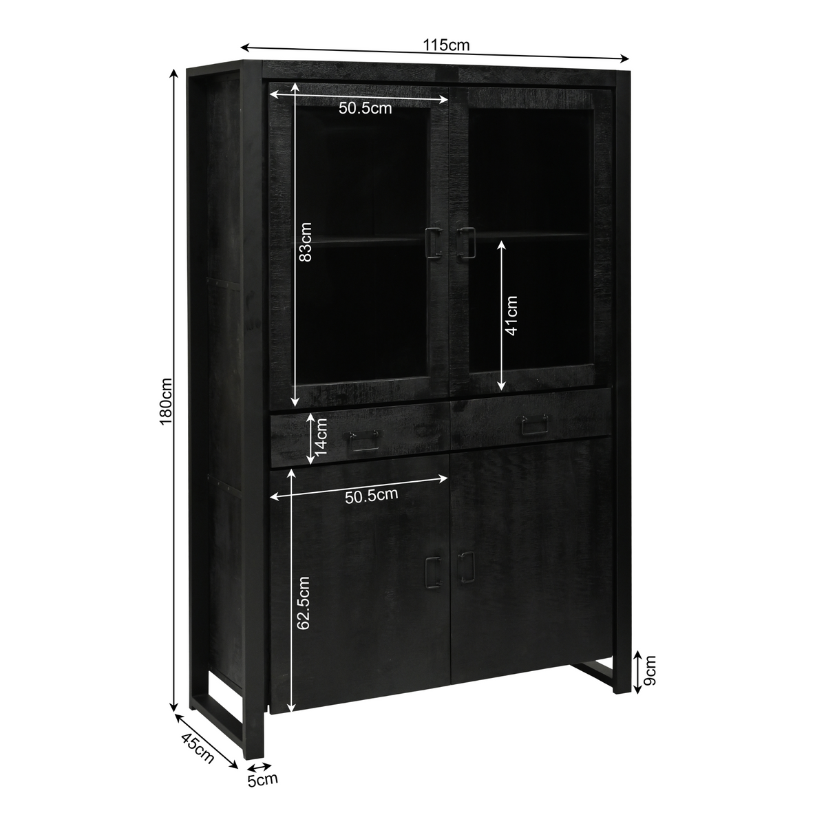 Vitrinekast Britt Black, maatvoering met afmetingen