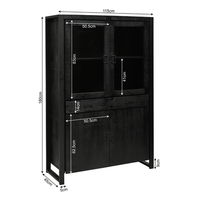Vitrinekast Britt Black, maatvoering met afmetingen