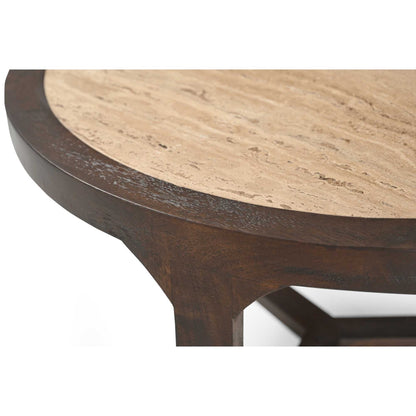 Salontafel Morris bruin travertin, detail van het materiaal
