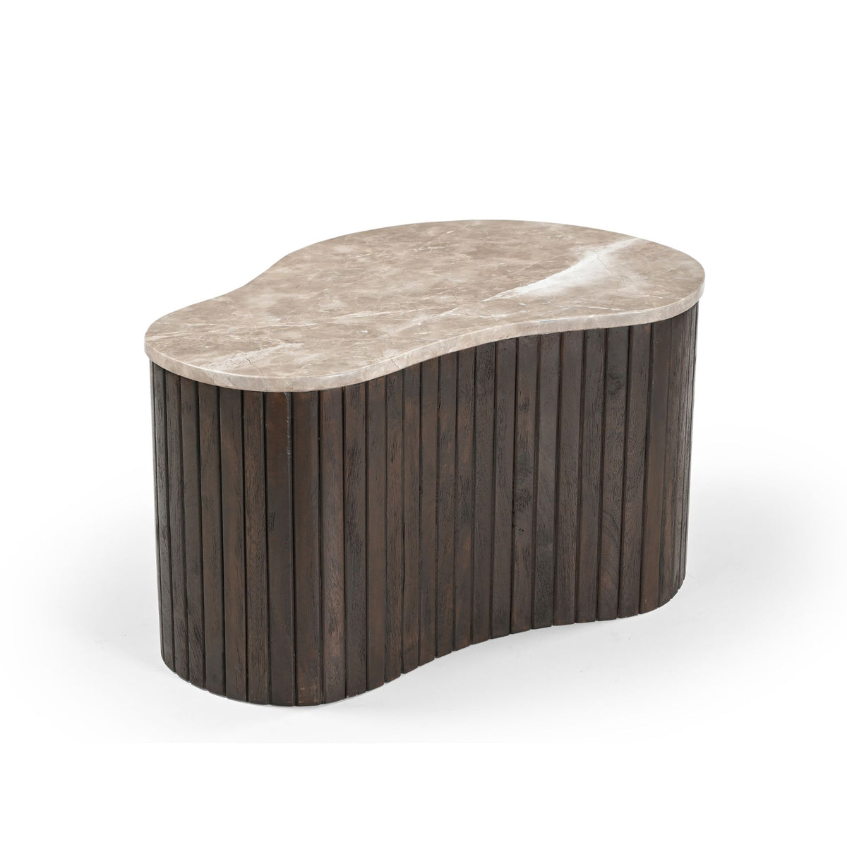 Salontafel Nomi bruin marmer 70 cm, zijaanzicht op witte achtergrond