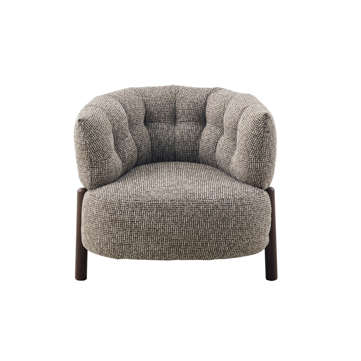 Fauteuil Feda bruin stof, vooraanzicht op witte achtergrond