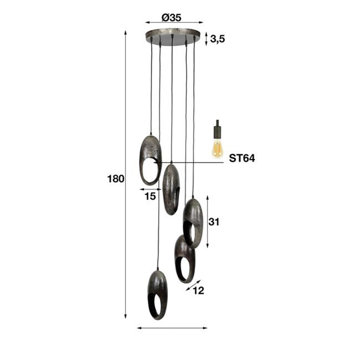 Hanglamp 5x Open Oog Getrapt | Oud Zilver