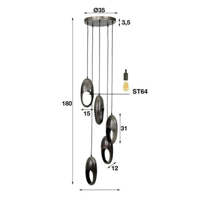 Hanglamp 5x Open Oog Getrapt | Oud Zilver