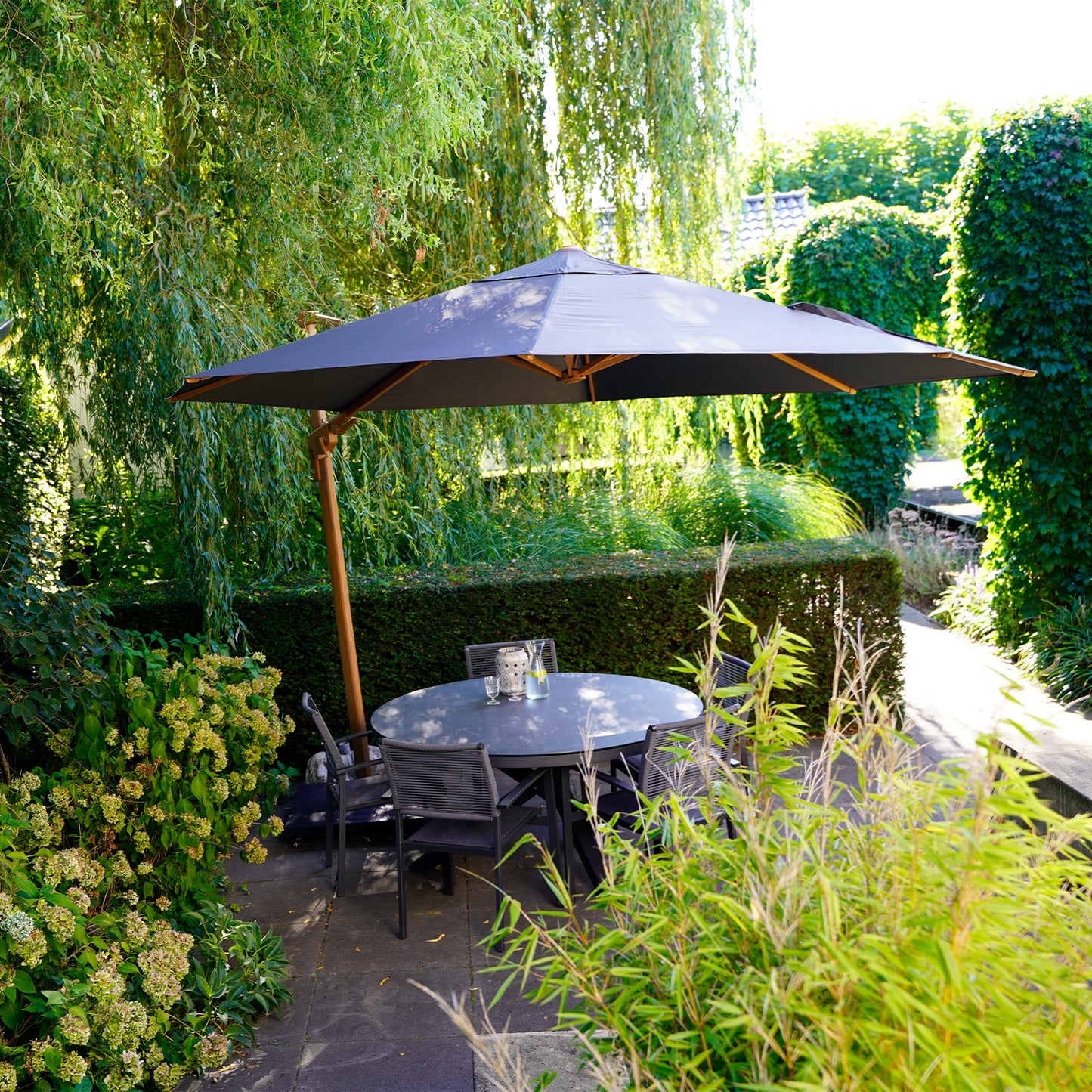 Zweefparasol VirgoFlex | Houtlook Grijs | Zonder Volant | Ø3,5 meter | Rond