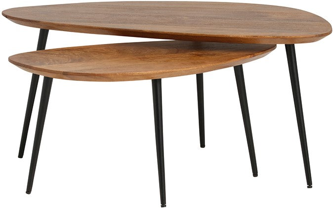 Salontafel Flare set van 2 mangohout, vooraanzicht op witte achtergrond