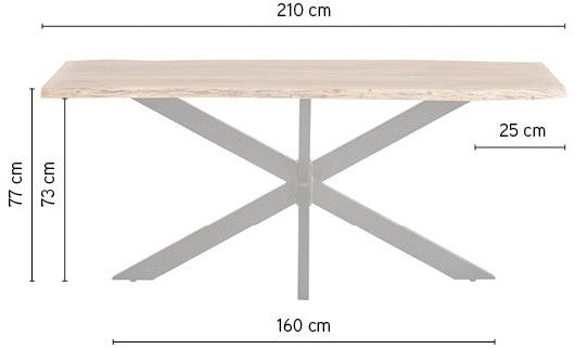 Eettafel Nebel naturel acaciahout, maatvoering met afmetingen