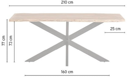 Eettafel Nebel naturel acaciahout, maatvoering met afmetingen