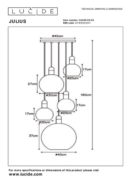 Hanglamp Julius | 5 Lampen | E27 | Fumé
