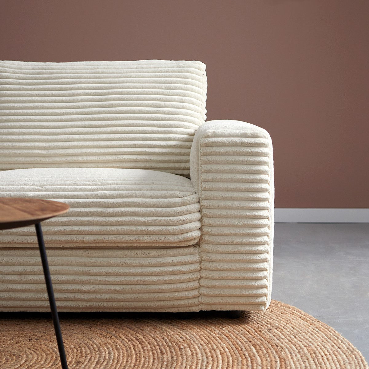 Hoekbank Uno beige ribstof, detail van het materiaal