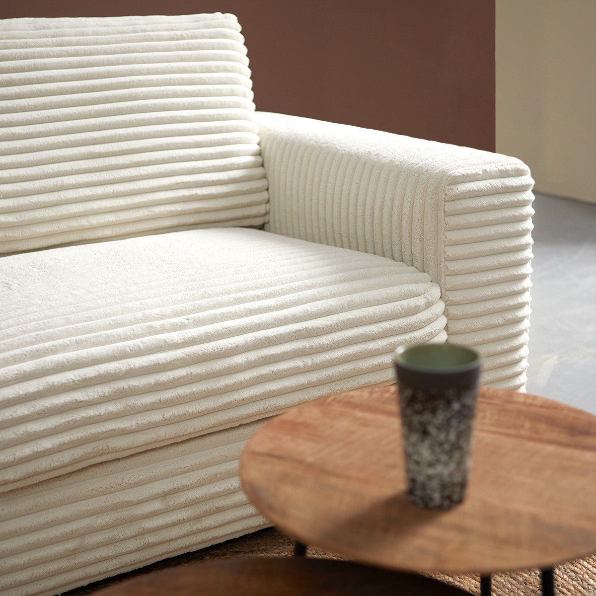 Hoekbank Uno beige ribstof, detail van het materiaal