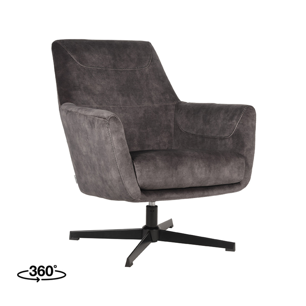 Fauteuil Toby Velours Antraciet, schuin vooraanzicht op witte achtergrond