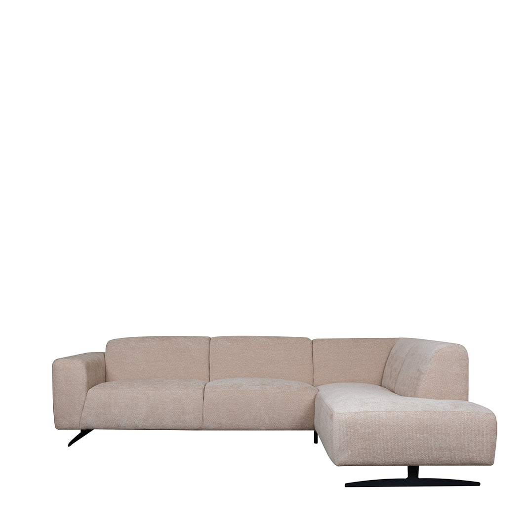 Hoekbank Rodano beige stof, vooraanzicht op witte achtergrond