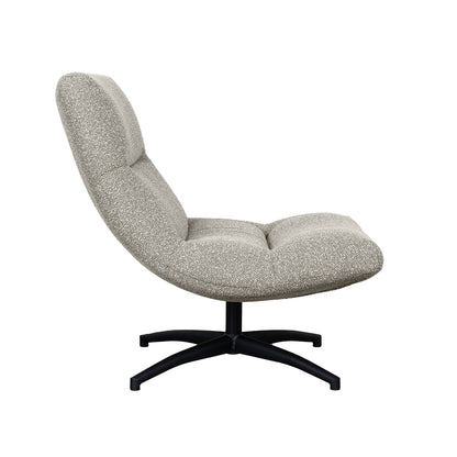 Fauteuil Calix grijs bouclé, zijaanzicht op witte achtergrond