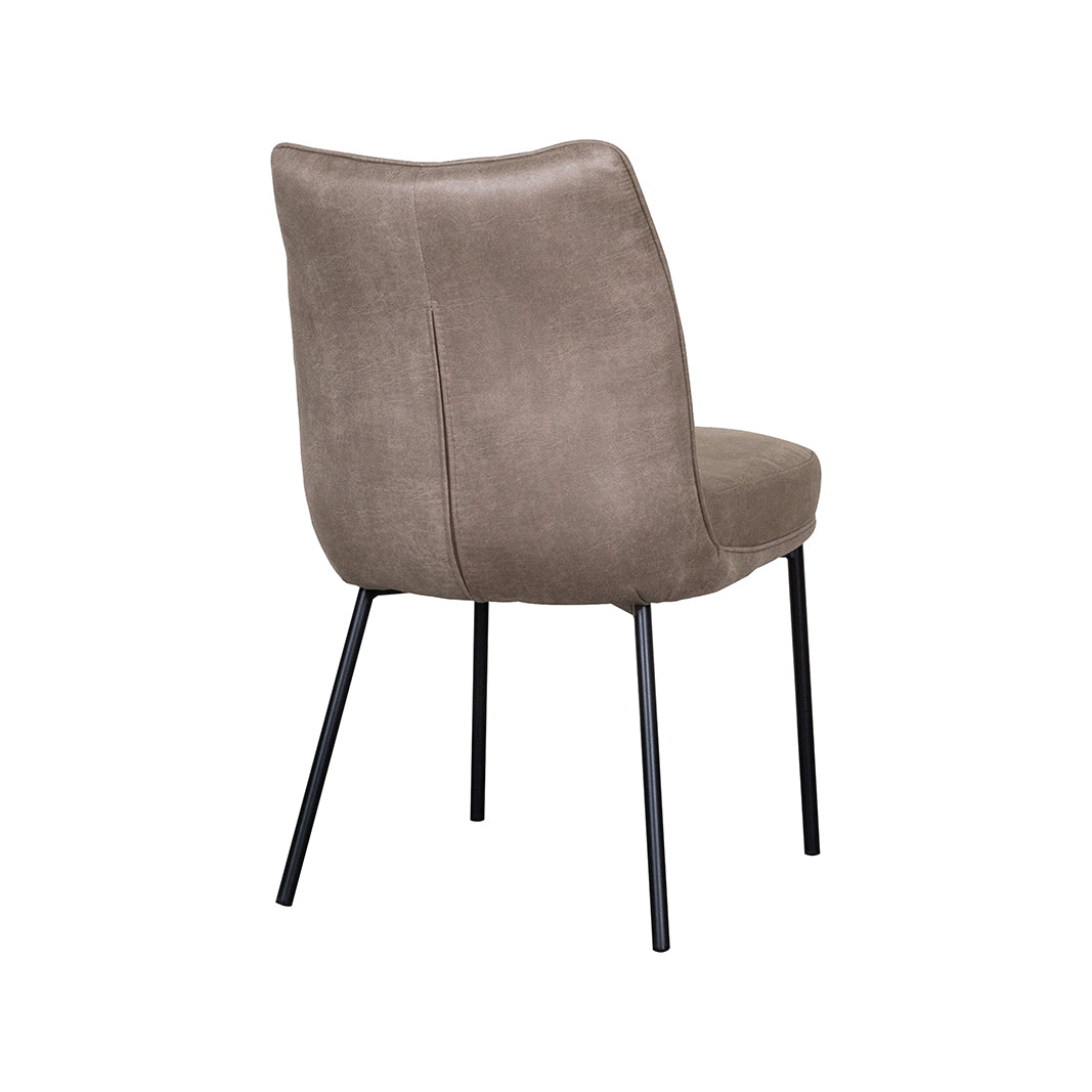 Eetkamerstoel Lennon taupe micro suede, schuin achteraanzicht op witte achtergrond