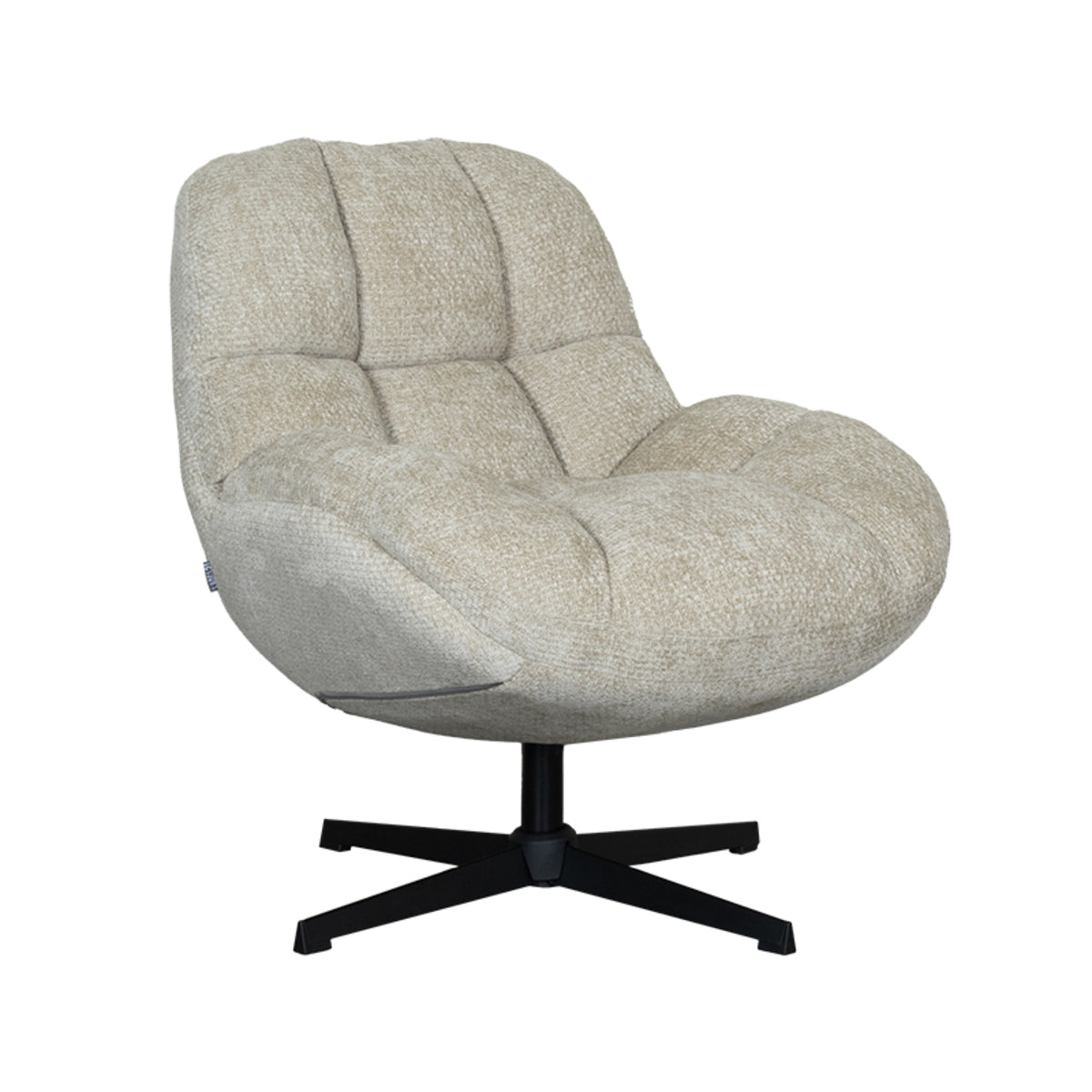 Fauteuil Huxley grijs stof, schuin vooraanzicht op witte achtergrond