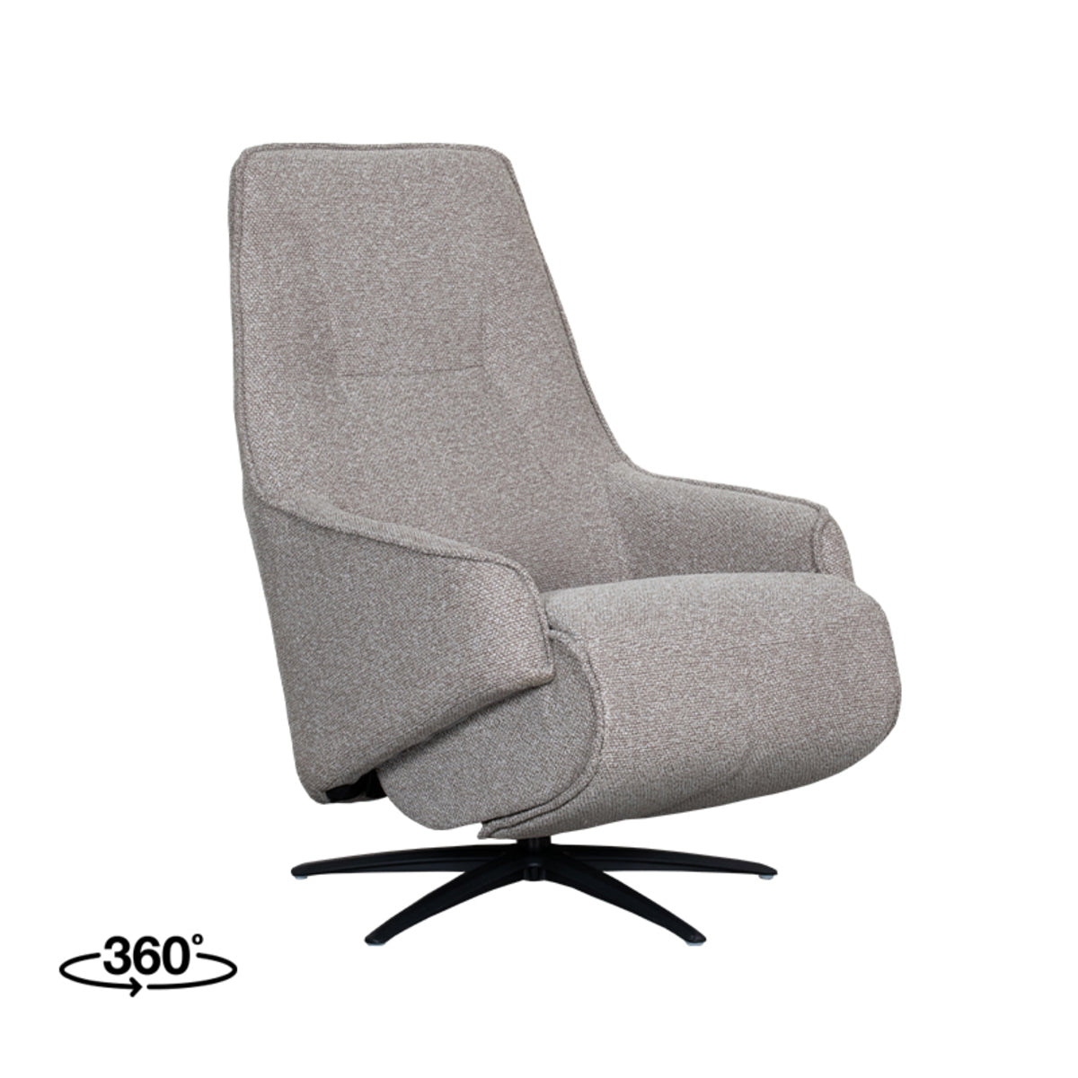 Relaxfauteuil Odense truffel/grijs bouclé, schuin vooraanzicht op witte achtergrond