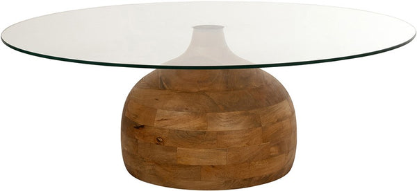 Salontafel Stella clear glass naturel mangohout, vooraanzicht op witte achtergrond