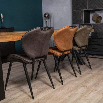 eetafelstoel jim grijs, cognac en groen met rugopening en handvat