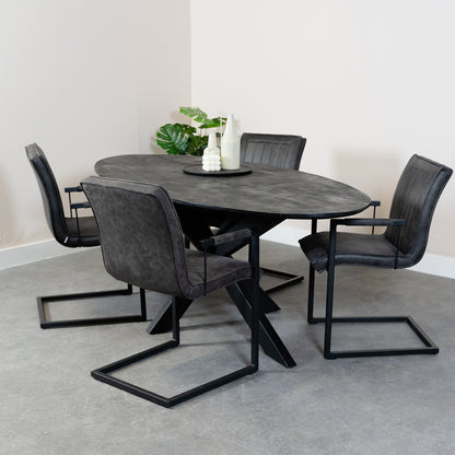 ovale eettafel met matrix poot en zwart mangohout